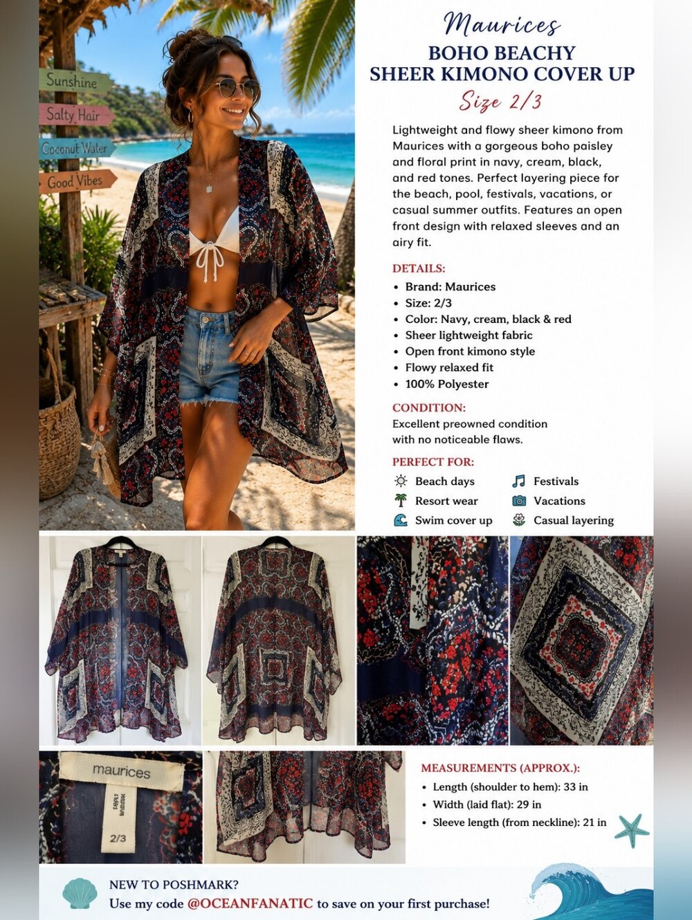 Maurices Boho Beachy Sheer Kimono Cover Up Navy Red Floral Paisley Size 2/3 - Picture 2 of 13
